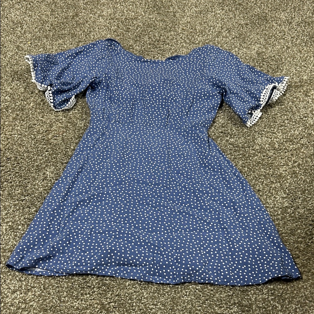 Chic Blue Dress with Polka Dots and Ruffle Sleeves
